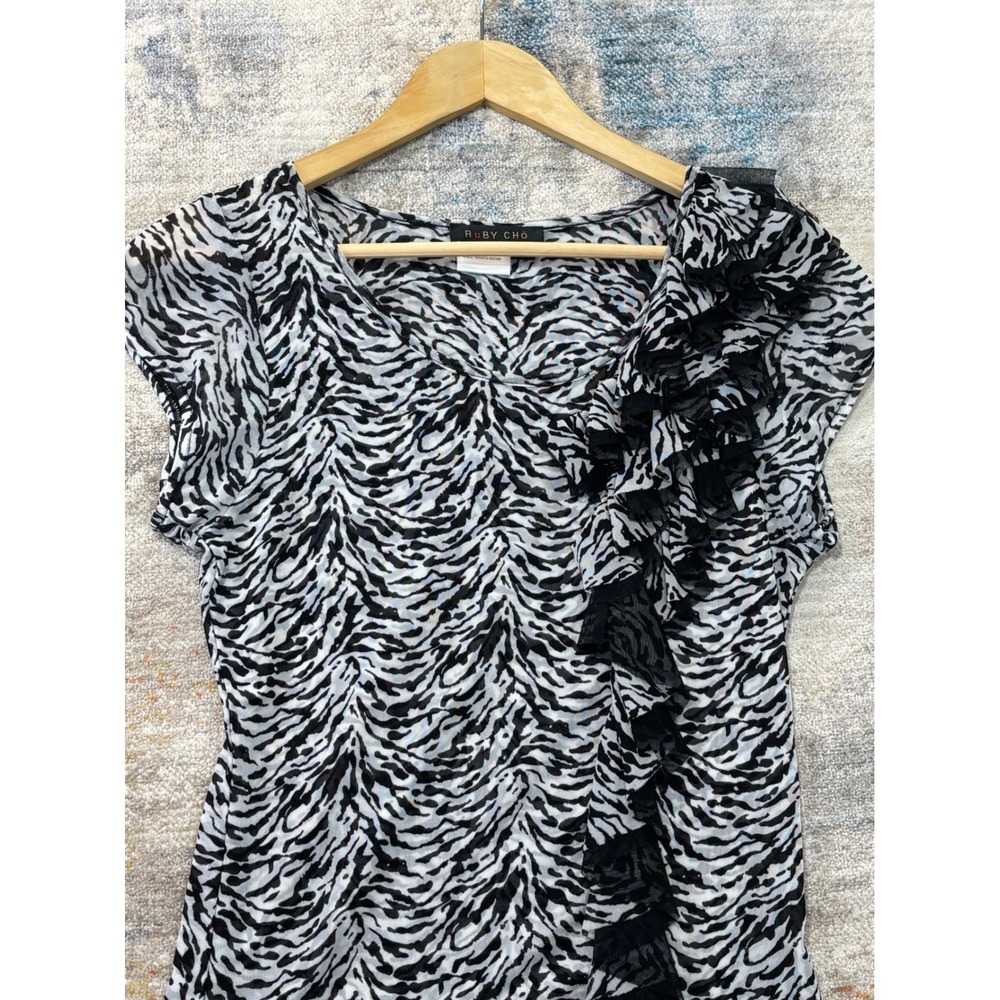 Ruby‎ Cho Womens Zebra Print Mesh Ruffle Cap Sleeve Blouse Black White Small